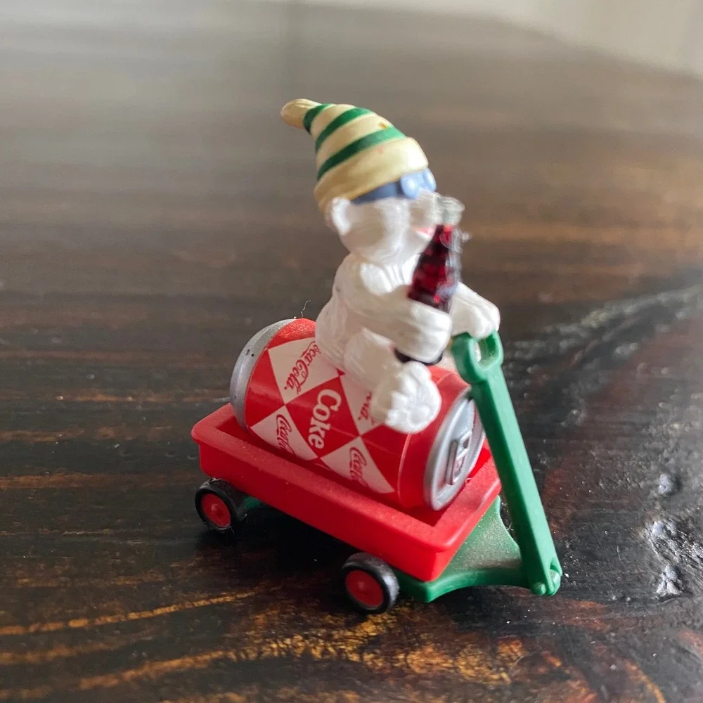 Vintage 2000 Coca-Cola Polar‎ Bear Figurine Soda Can Red Wagon Miniature Trinket